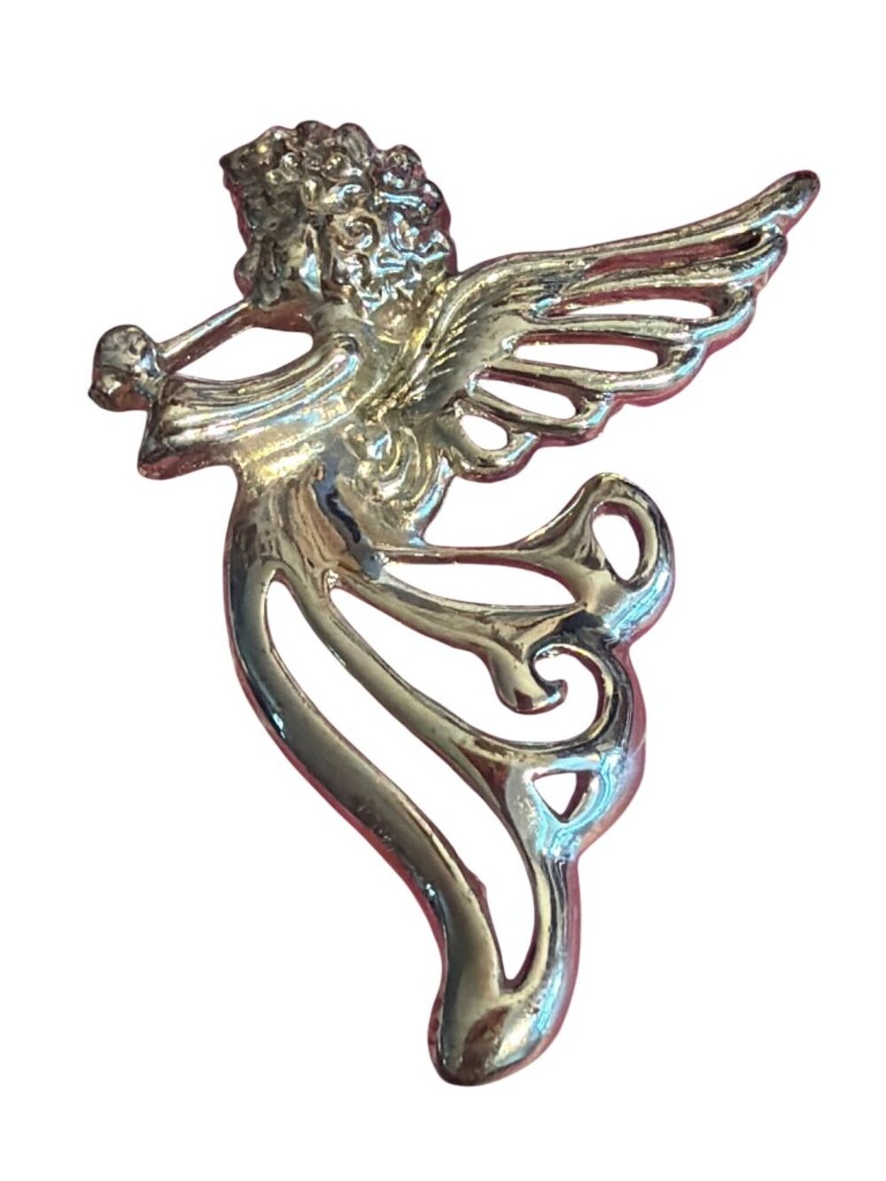 Vintage AAI Angel Silver Tone Brooch Pin Trumpet Horn Openwork 2.5" 20.6g